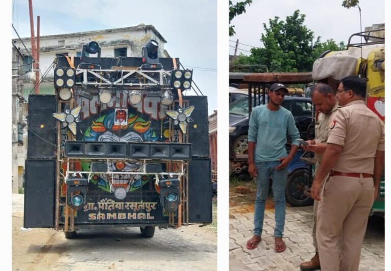 संभल-हयातनगर थाना पुलिस ने ओवर हाइट और ओवर साइज कावड़ वाहन पर कार्रवाई की है